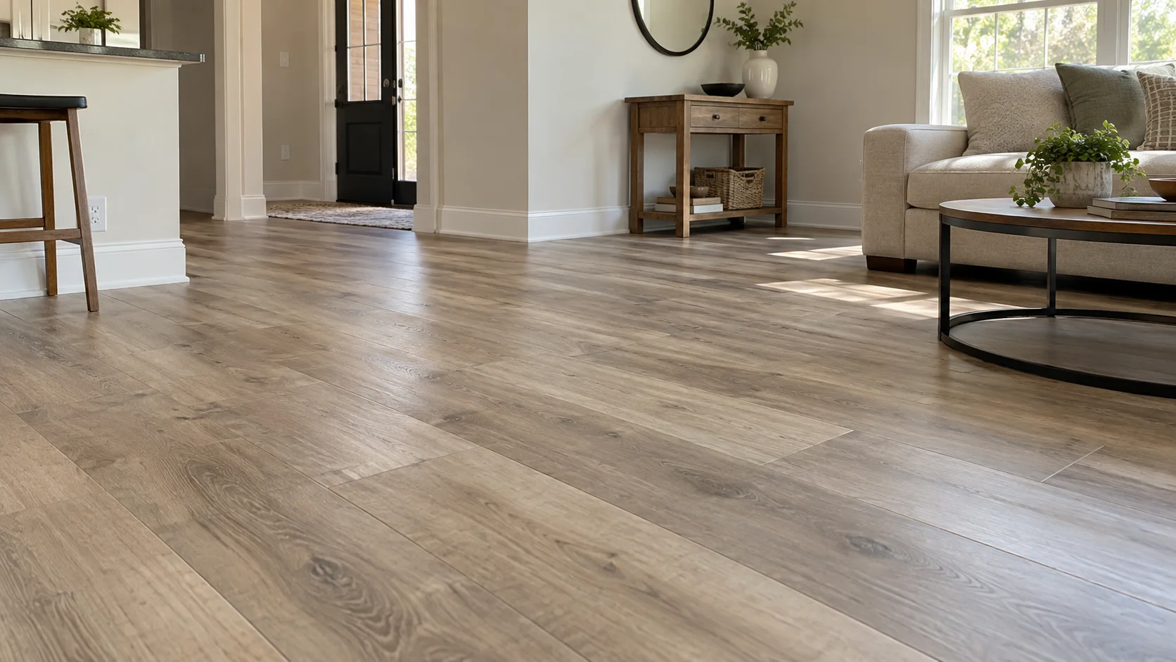 Luxury vinyl plank flooring across a bright open-plan home interior