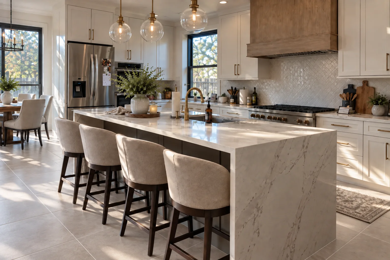 Bright kitchen with light porcelain tile flooring, white cabinetry and a tiled backsplash